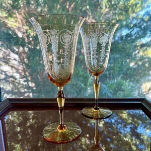 Set of 2 1940s Vintage Etched Amber Stem Wine Goblets Art Deco Glass UV Red Glow
